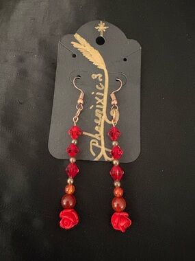 Phoenixic3 Carnelian & Red Rose Beaded Drop Earrings